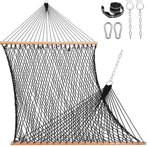 Image of Lazy Daze Hammocks 12FT Double Rope Hammocks, 2 Person Hand Woven Cotton Hammock with Spreader Bar, Carabiner, Tree Strap, Chain for Outside, FIT 13-15 FT Stand, Max 450 Lbs, Black