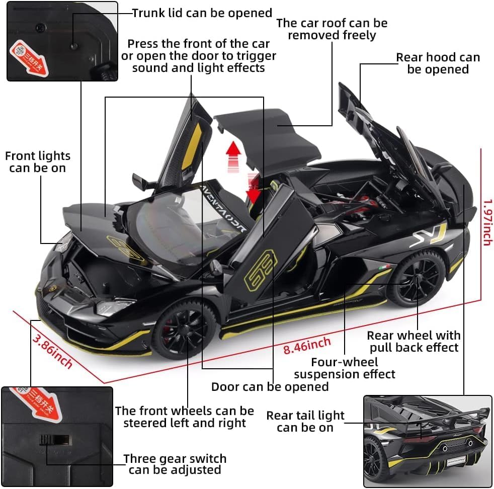 Image of 1:24 Big Size Lamborgini SVJ63 Scale Model Car - Exclusive Alloy Metal Pull Back Die Cast Car Toy with Openable Doors, Light & Music - Best Gifts for Kids【Colors as Per Stock】