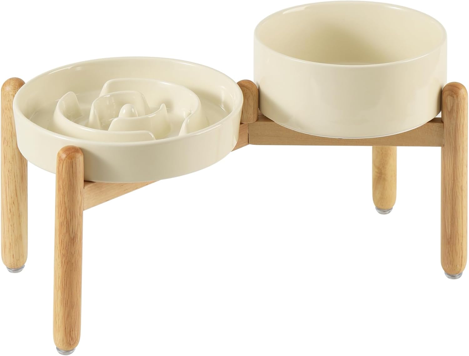 Ceramic Raised Slow Feeder Dog Bowl Set, Elevated 7.3inch Bowl and 8.2inch Puzzle Slow Dish with Wooden Stand for Medium and Large Dog, Anti-Gulping (2X Beige+ Stand) 8.2inch 2 xBeige+ Stand- A