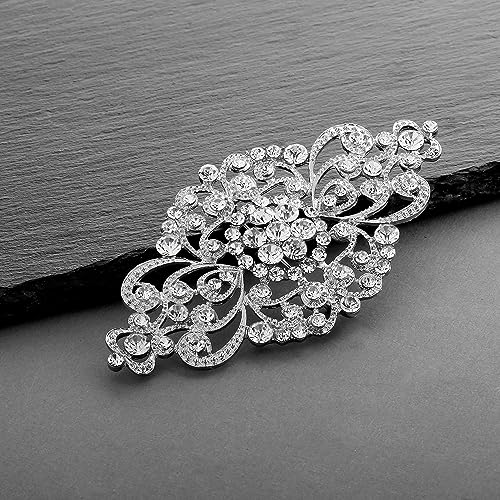 Mariell Vintage Bridal Crystal Brooch Pin, 4" Wide, Antique Silver Wedding Pin, Rhinestone Brooch for Brides and Wedding, Art Deco Fashion Accessory3