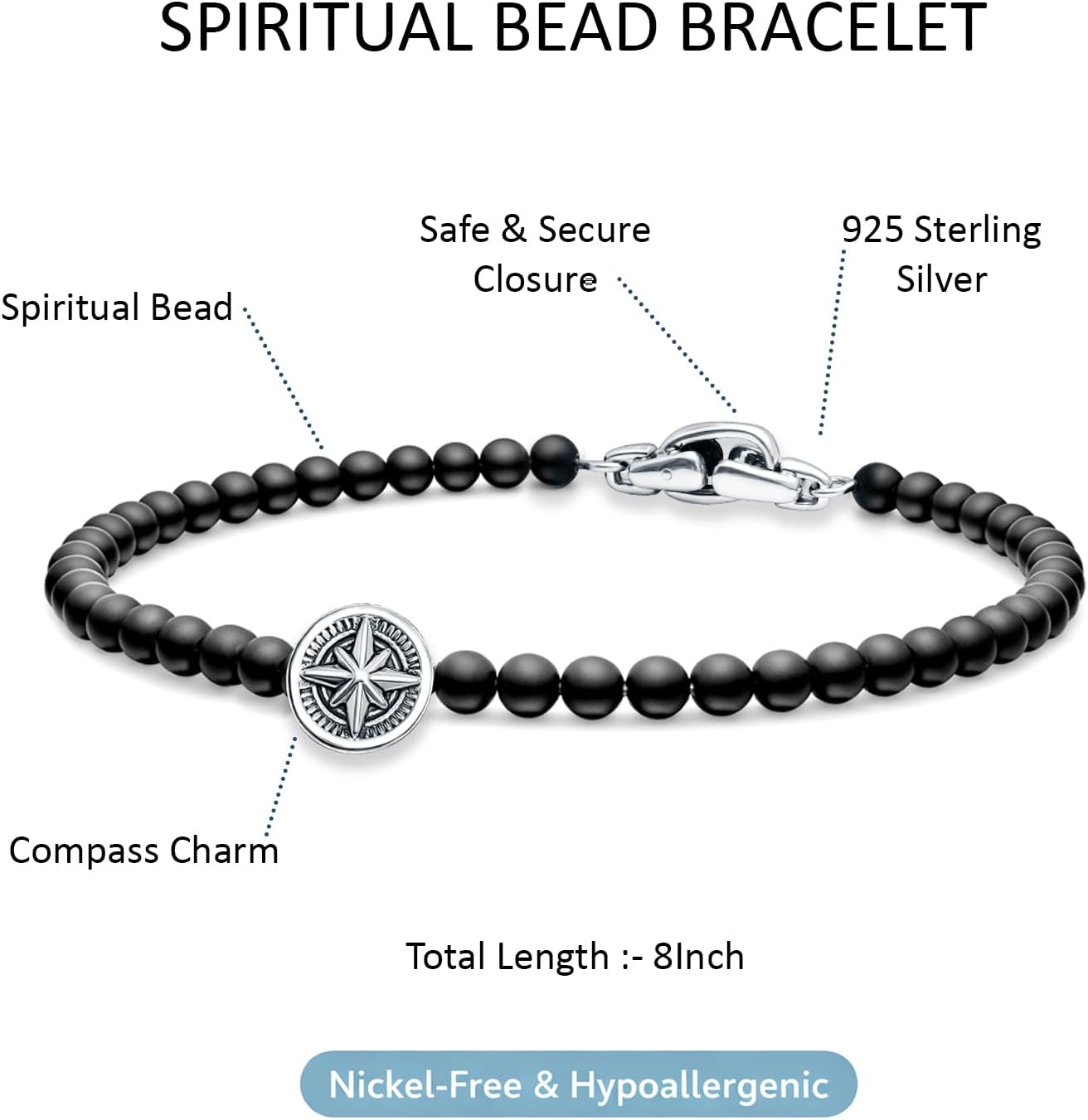 LeCalla 925 Sterling Silver Black Onyx Beaded Bracelets for Men | Cross & Compass Charm Bracelet | Matte Finish Onyx Stone Spiritual Bracelet Gift for Men