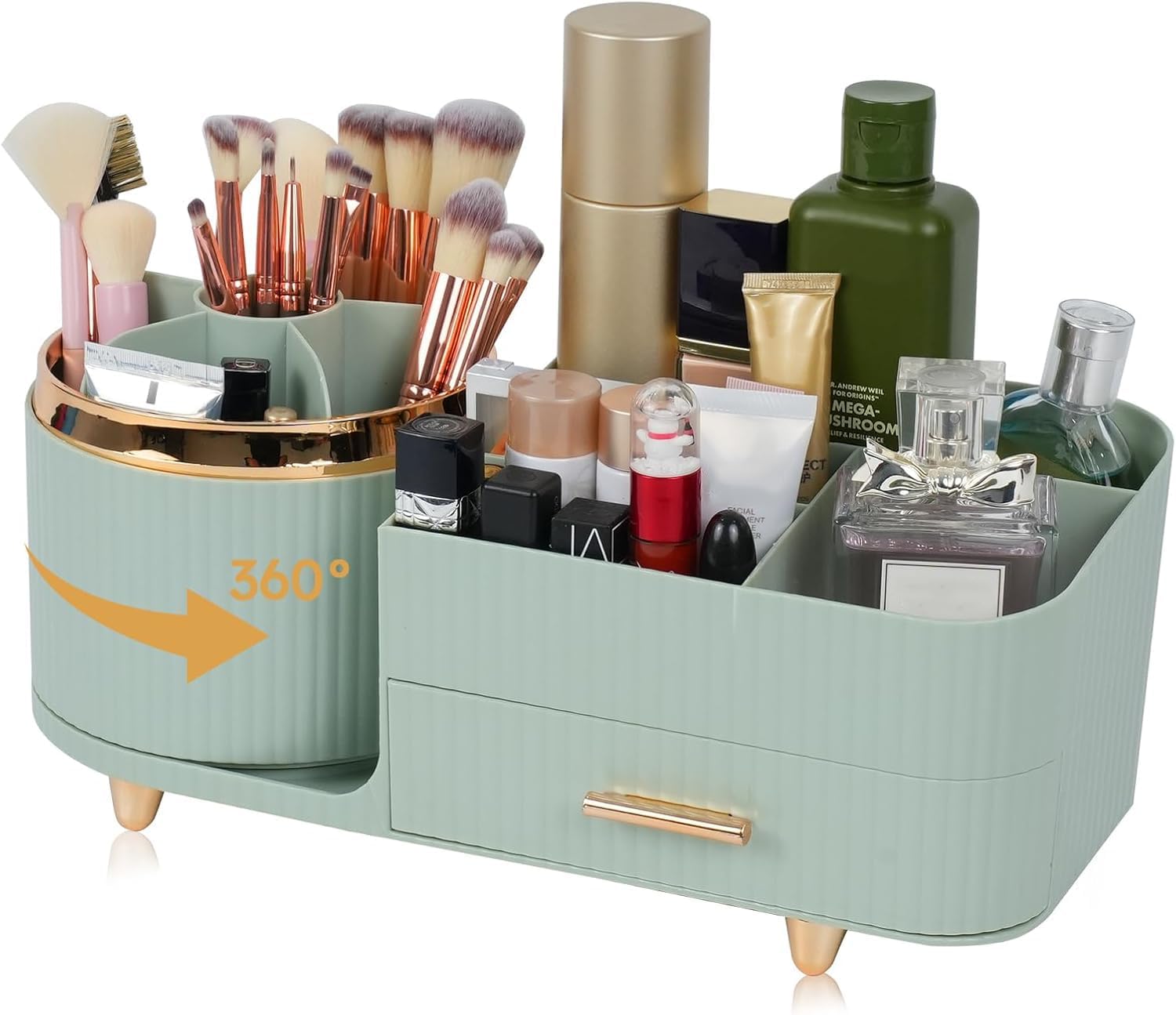Makeup Organizer Countertop with Drawer 360 Rotating Brush Holder Storage Large Capacity Skincare Cosmetic Display Cases for Vanity Bathroom Desktop, Model 3016 Green