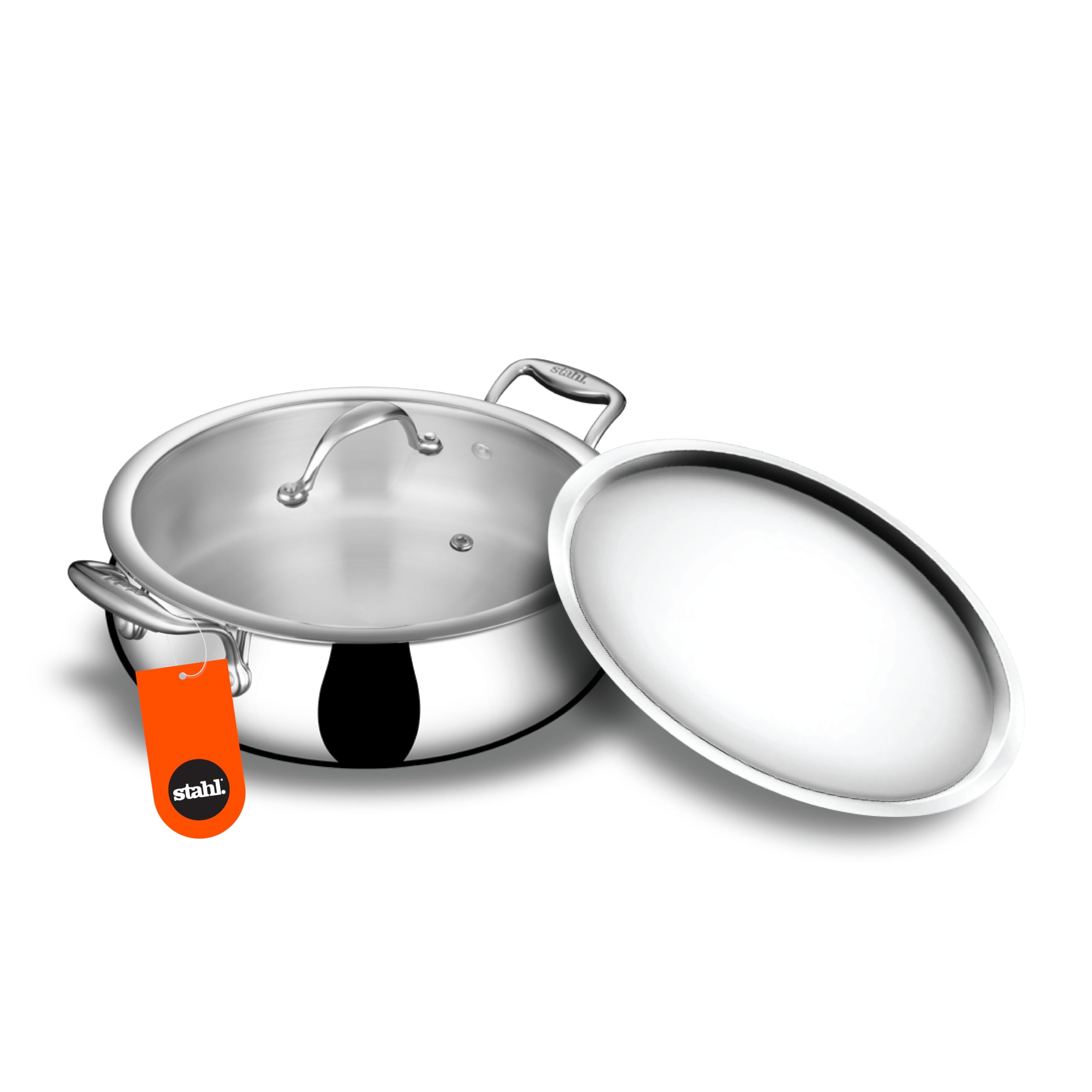 stahl artisan triply stainless steel 28 cm biryani handi with dual lid, steel lid for dum & glass lid for serving | 5.5l biryani pot, gas & induction compatible | non-toxic, less oil, stick resistant