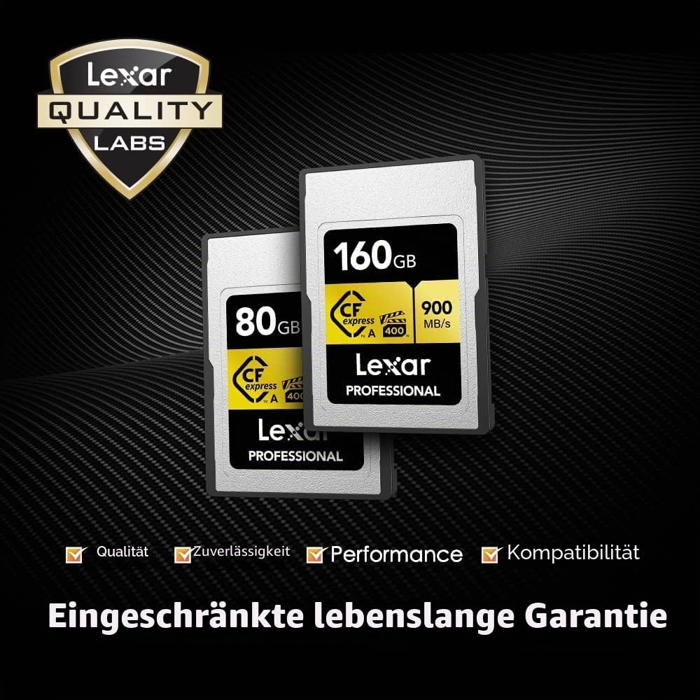 Lexar 160 GB professionelle CFexpress Typ A Gold Series Speicherkarte, bis zu 900 MB/s Lesen, 8K-Video in Kinoqualität, bewertet VPG 400 (LCAGOLD160G-RNENG)