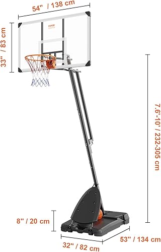 Miniatura 8 de VEVOR Aro de baloncesto, sistema de tablero portátil de altura ajustable de 7.6 a 10 pies, aro y portería de baloncesto de 54 pulgadas, juego de
