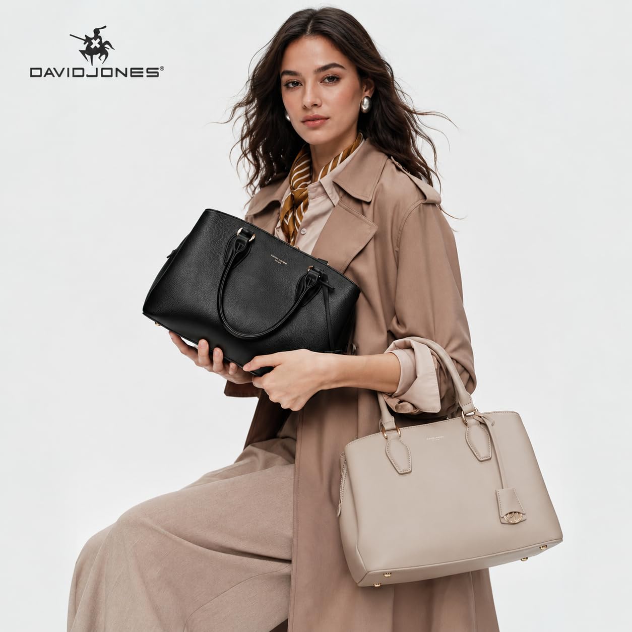 David Jones - Borsa a Mano Donna - Borsa a Tracolla Spalla Simil Pelle PU - Molti Scomparti e Tasche - Città Lavoro Elegante Classico Quotidiana - Nero