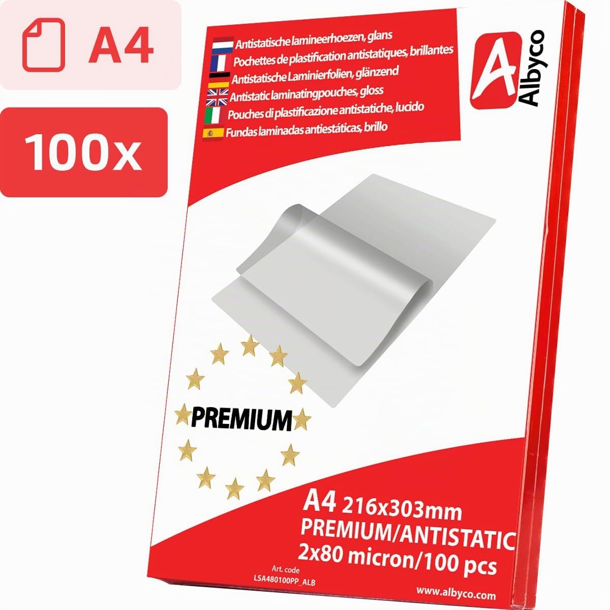 Fundas para Plastificar Antiestáticas Albyco Premium - Láminas para Plastificar - Lámina para plastificar - A4 (216 x 303 mm) - 2 x 80 (160) micras - 100 unidades - Brillo