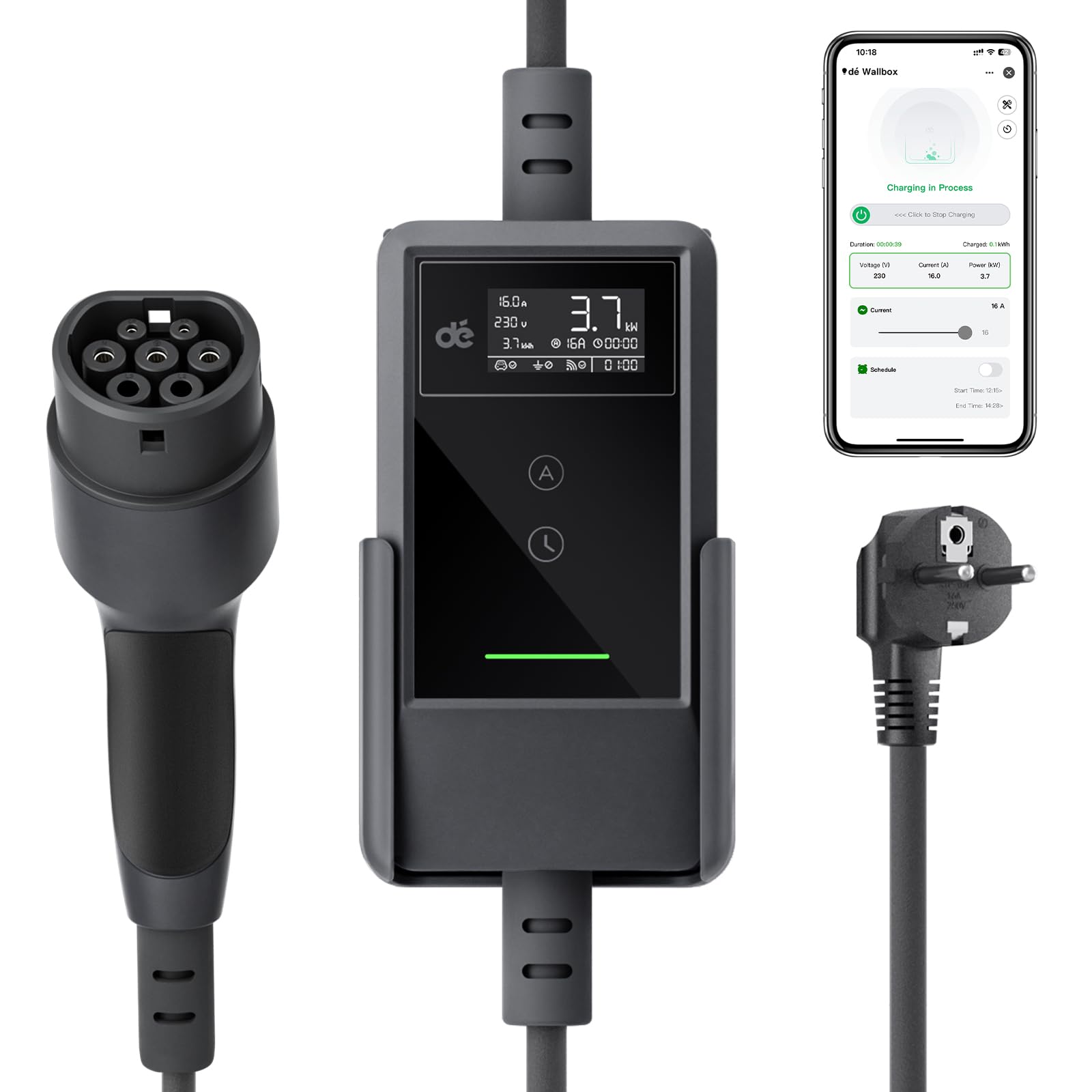 dé Cargador Coche Electrico 3,7kW App [7m, Monofásico, 6-16A] EV Charger con Potencia de Carga Ajustable, Cargador Carro Electrico para Model Y/3, e-Tron y vehículos BEV/PHEV