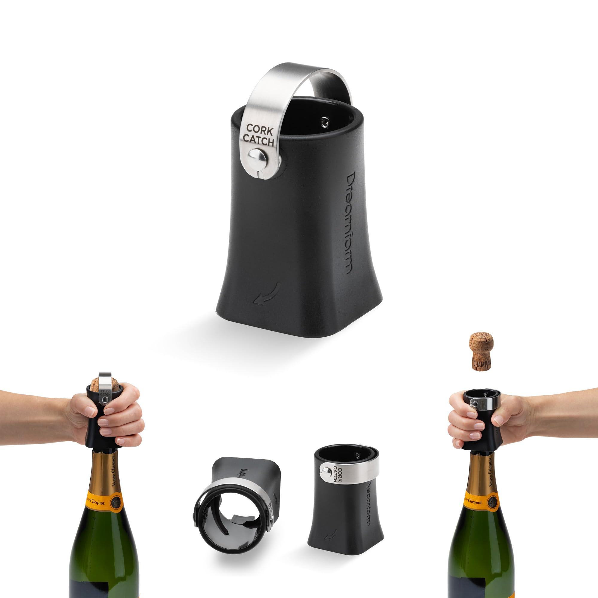 Dreamfarm Champop Safe, Fast, & Easy Champagne Bottle Opener, Cork Popper & Catcher - Black