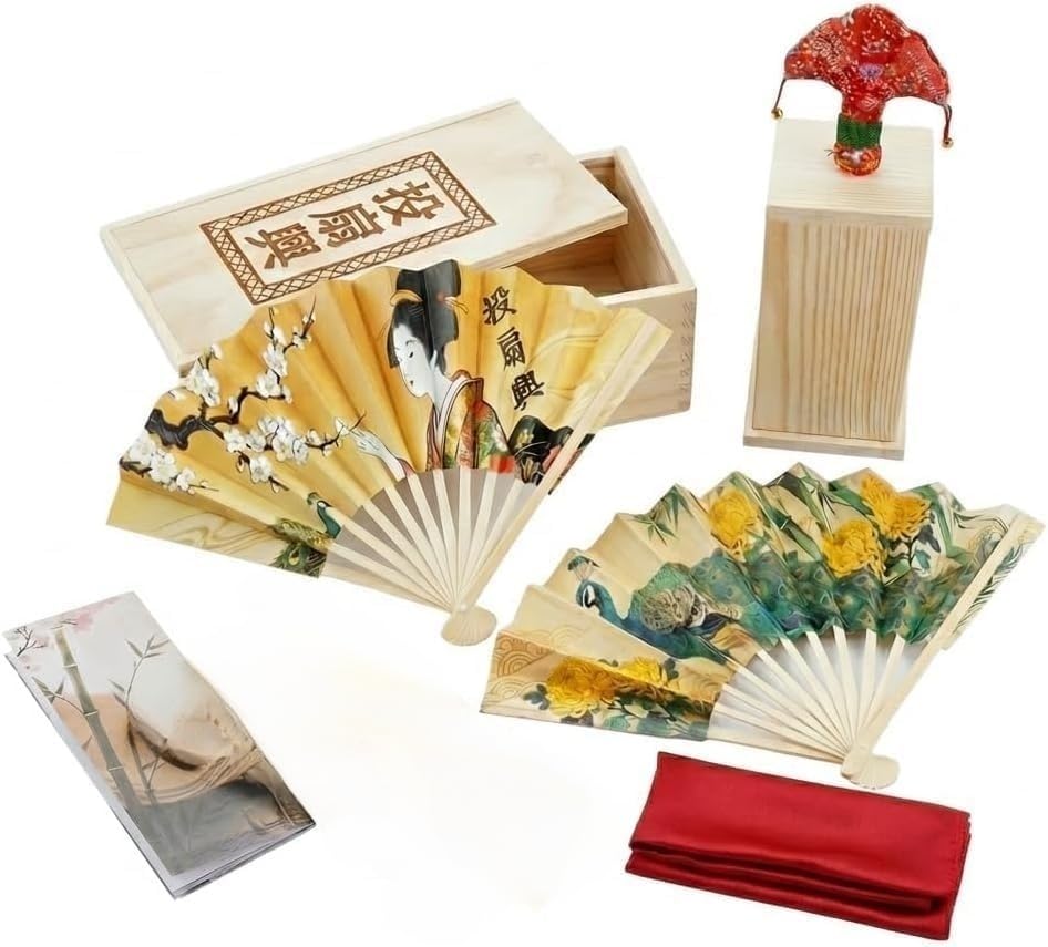Authentic Set (Artisan Handcrafted, 100% Made-To-Order, Pine Pillow, 2 Handwriting Fans, Butterfly, Rug, Wooden Box Included, Cloisonne Pattern Bamboo Bones/Natural Washi, Japanese Style Party Game : 