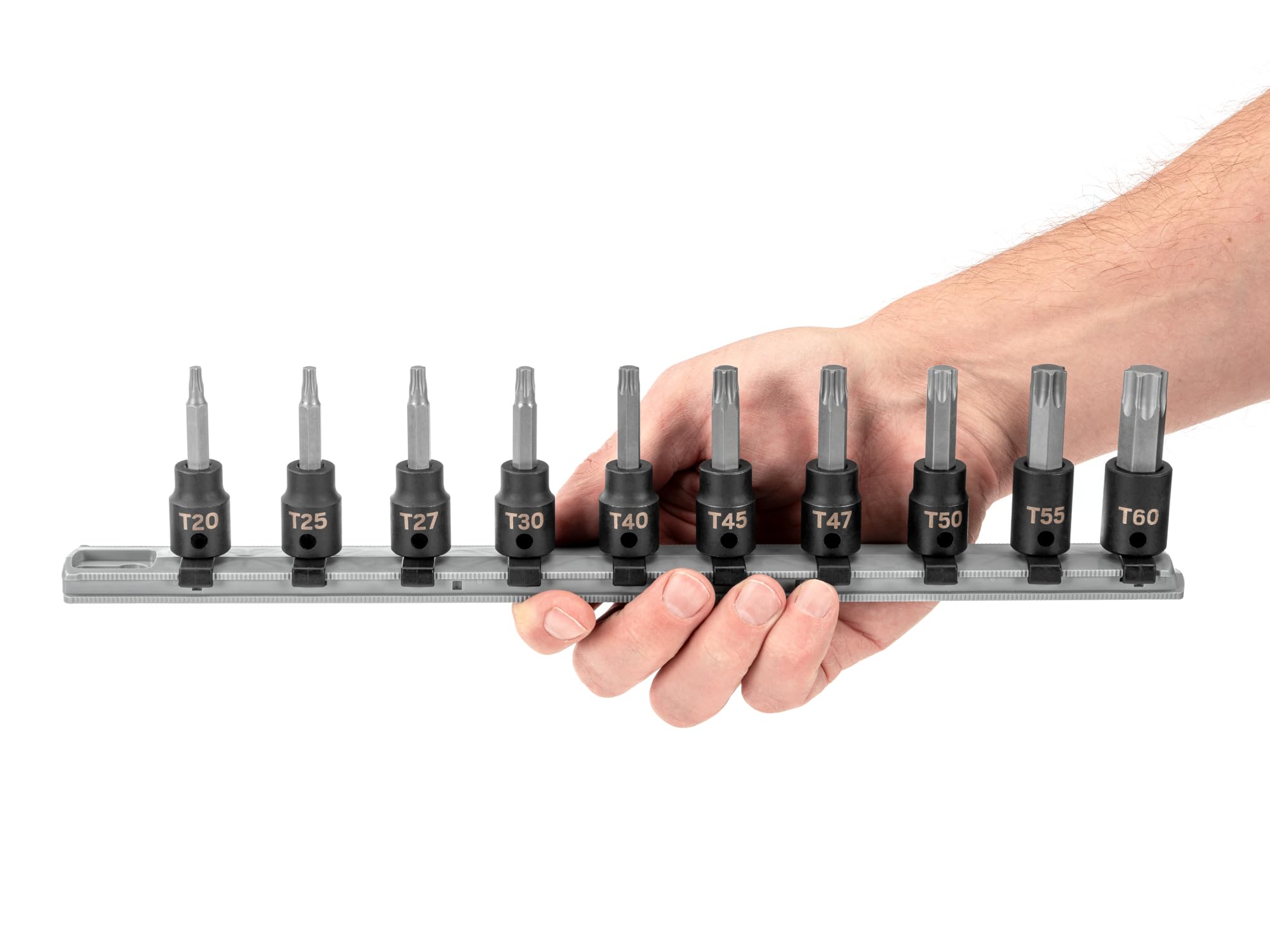 TEKTON Zestaw nasadek udarowych Torx 3/8 cala z szyną, 10-częściowy (T20 - T60) | SIB91103