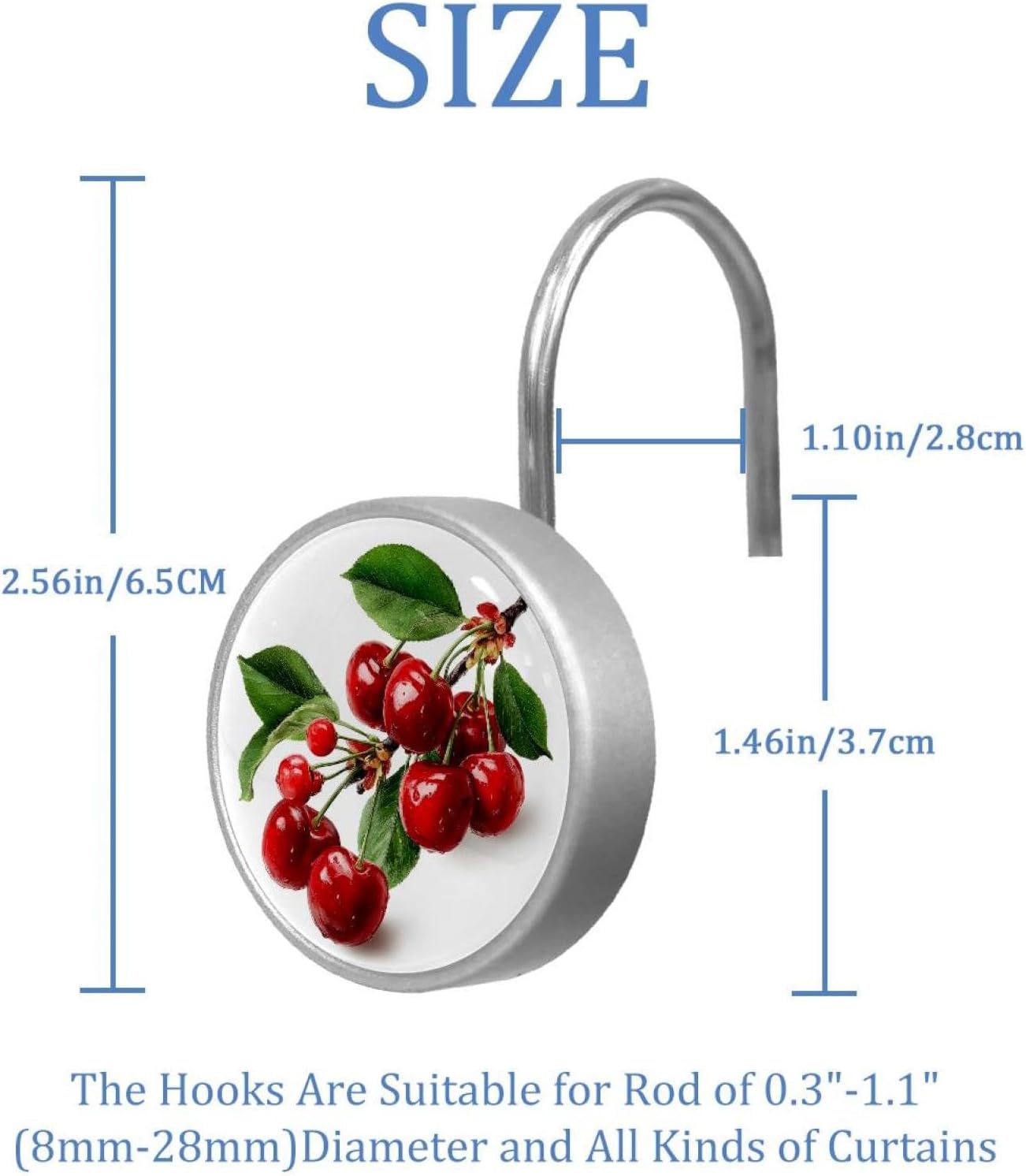 Set of 12 Shower Curtain Hooks, Shower Curtain Rings Crystal Glass Decorative Bathroom Hook, Cherry Fruit and Red Berry Branch (1)