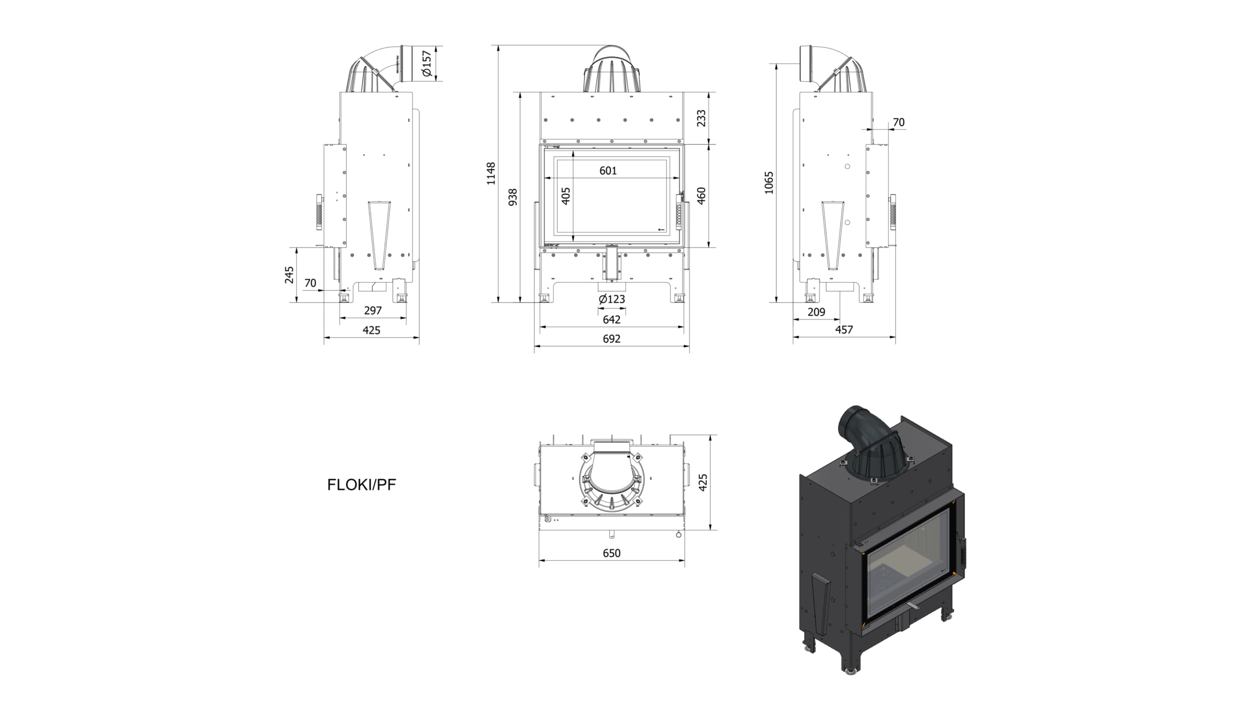 KRATKI Inserto per camino in acciaio a legna FLOKI 8 kW Ø160 frontale A S | Acciaio nero, efficienza 79,7%, classe A. Ecodesign, BImSchV 2; per recupero calore.; combustione efficiente; basse emissioni