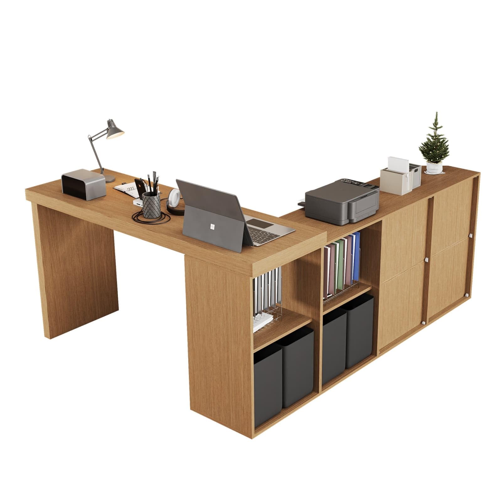 Sweiko Bureau d'angle Informatique Pivotant 360° avec 4 Tiroirs de Rangement, Bureau Modulaire avec Étagères Ouvertes, bibliothèque pour Home Office et Chambre Ado