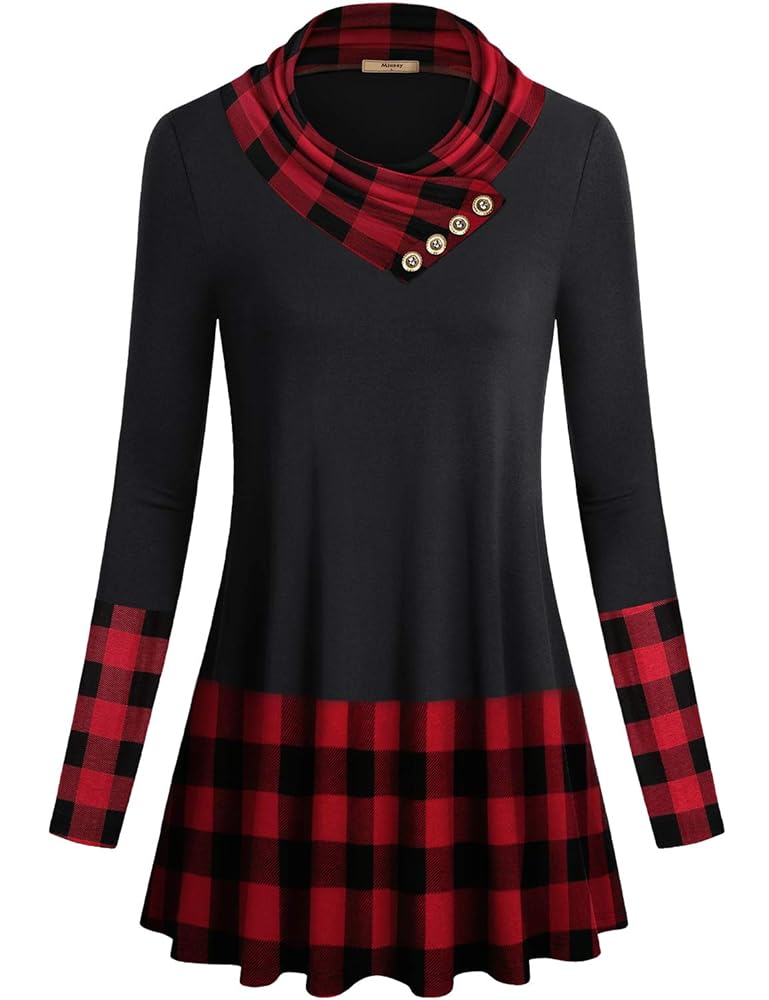 Miusey Women's Cowl Neck Plaid Patchwork Tunic - Petite A