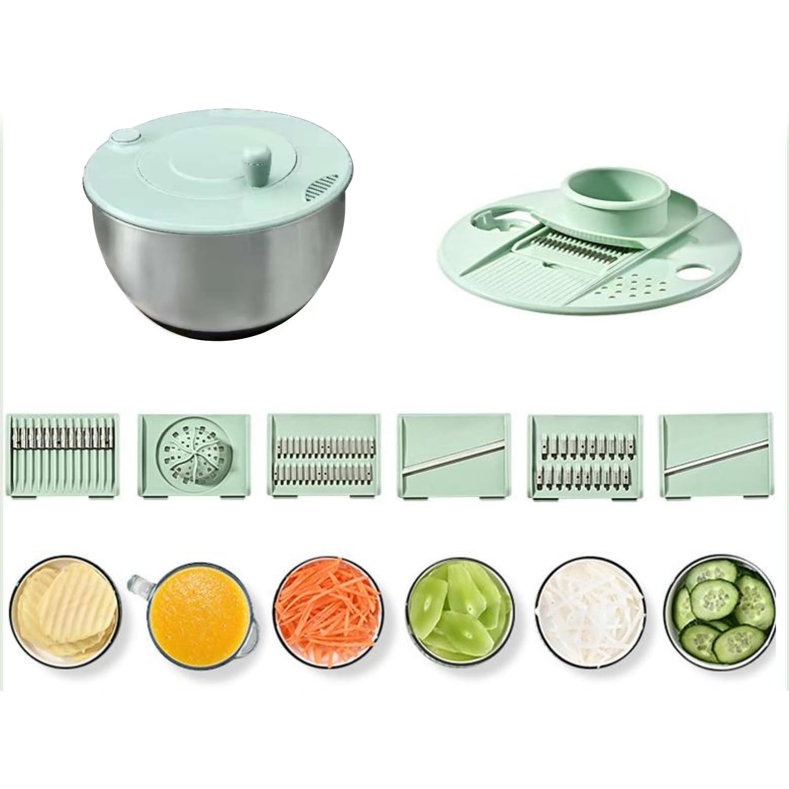 5L Salatschleuder Edelstahl, Gemüseschneider, Rührschüssel 3-in-1, mit 6 verschiedenen Ausstechern & rutschfestem Boden, Handkurbel-Design, Zum Obst und Gemüsehobel und trocknen, Küchenhelfer