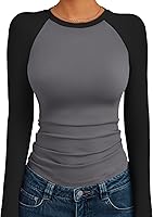 TrendyQueen Women's Long Sleeve Color Block Shirt Slim Fit Stretchy Slightly Cropped Top