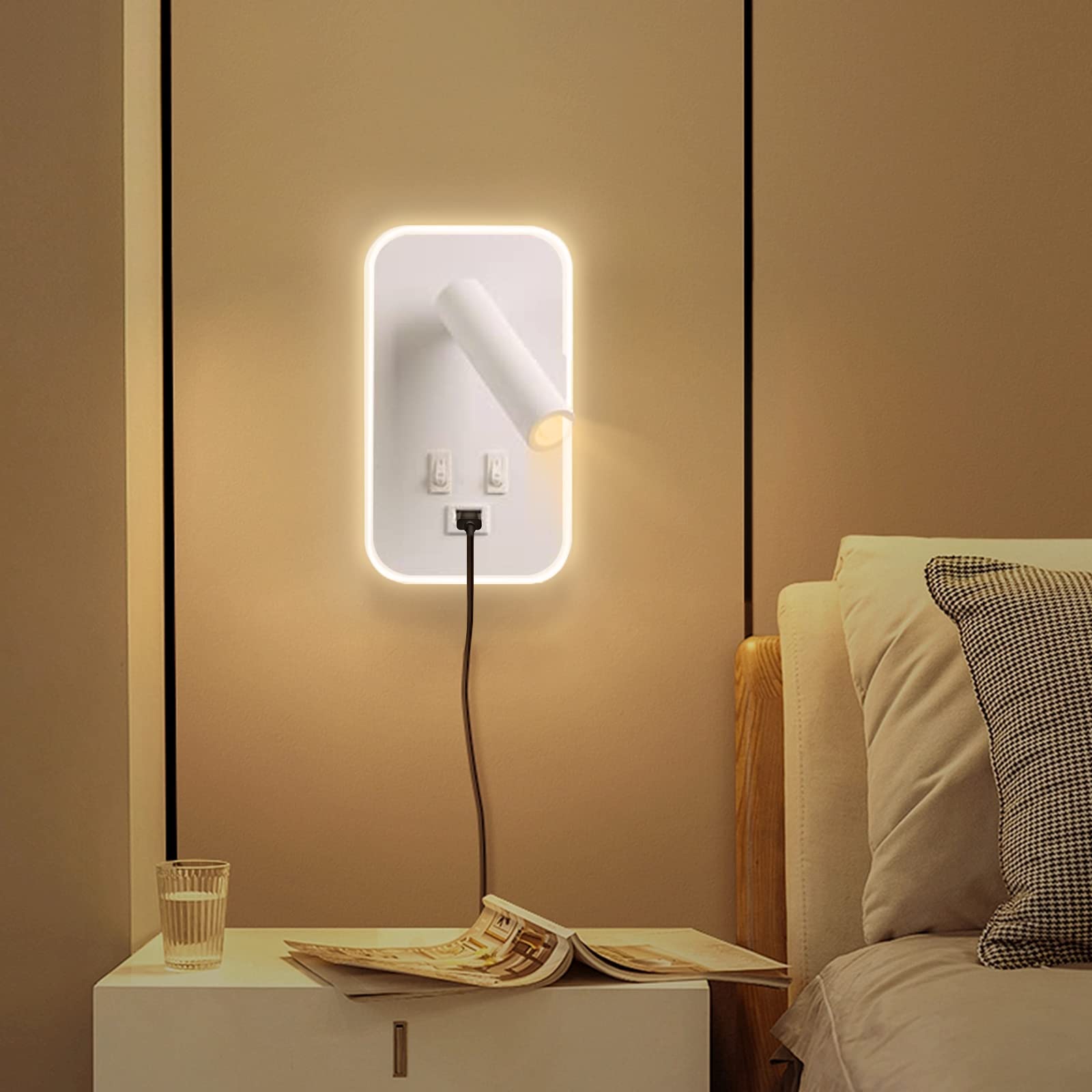 Luz de Lectura Junto a la Cama 2PCS, Luz de Pared LED con Interruptor y Puerto de Carga USB, Foco Giratorio Montado en la Pared de 3W + 9W 3000K, Luces de Pared de la Cama Lámpara de Pared del Pasillo