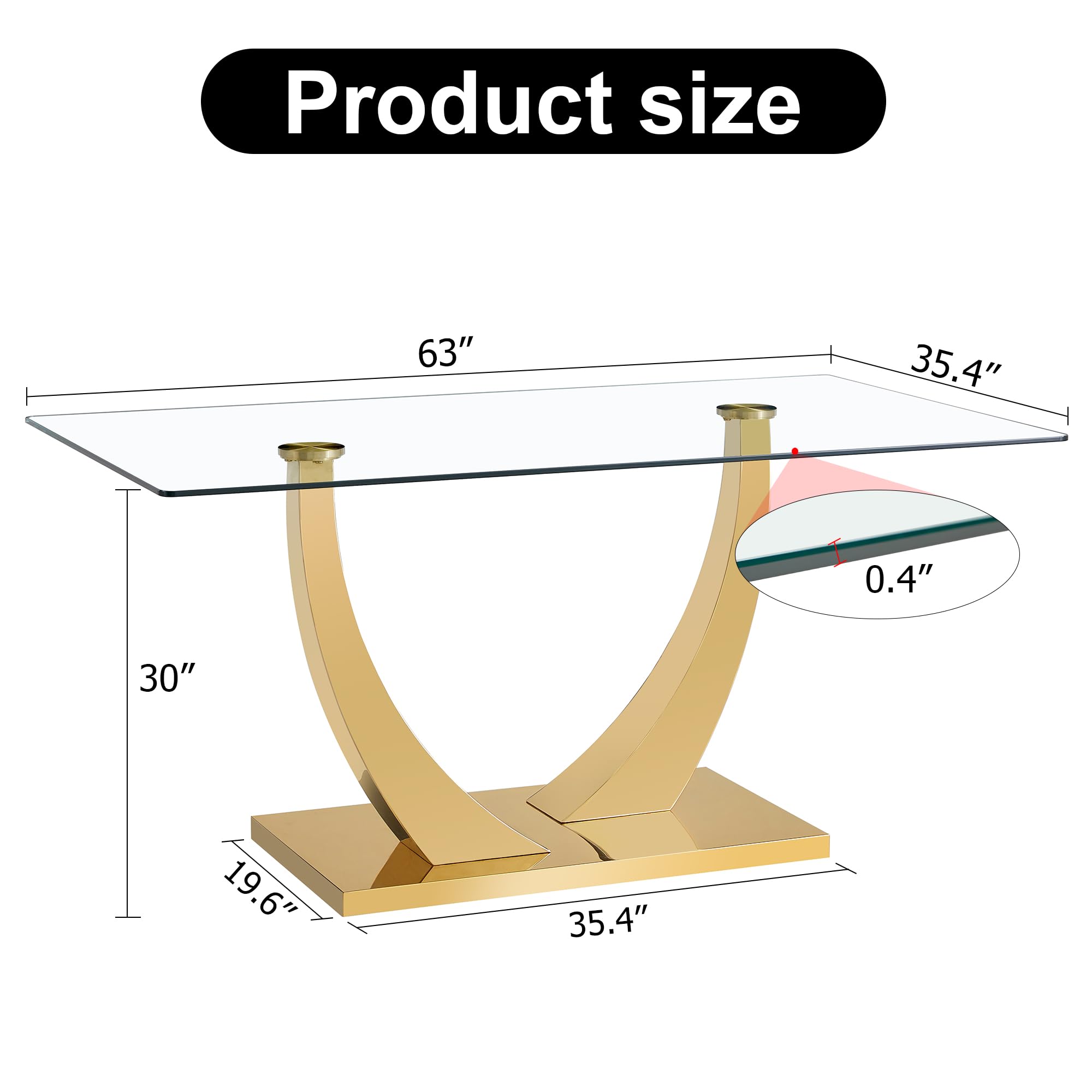 NYEESS 63” Glass Dining Table, Dining Room Table for 4-6, Gold Kitchen Table for Dining Room,0.4 Thickened Tempered Glass Top with Golden Rectangular Base