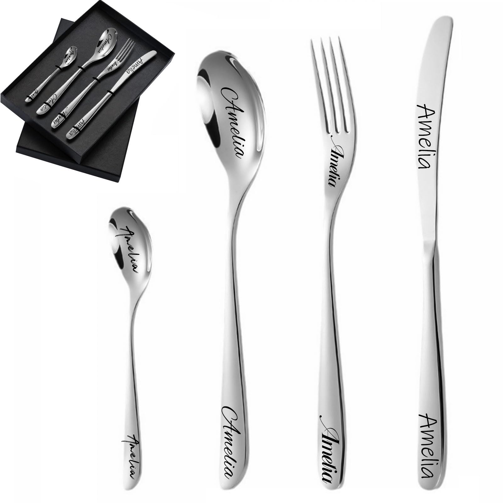 Custom Engraved Cutlery Set, 1 Set of 4 Pieces, Personalised Adult Cutlery Set, Fork, Knife, Spoon and Teaspoon Engraved Stainless Steel Flatware Set