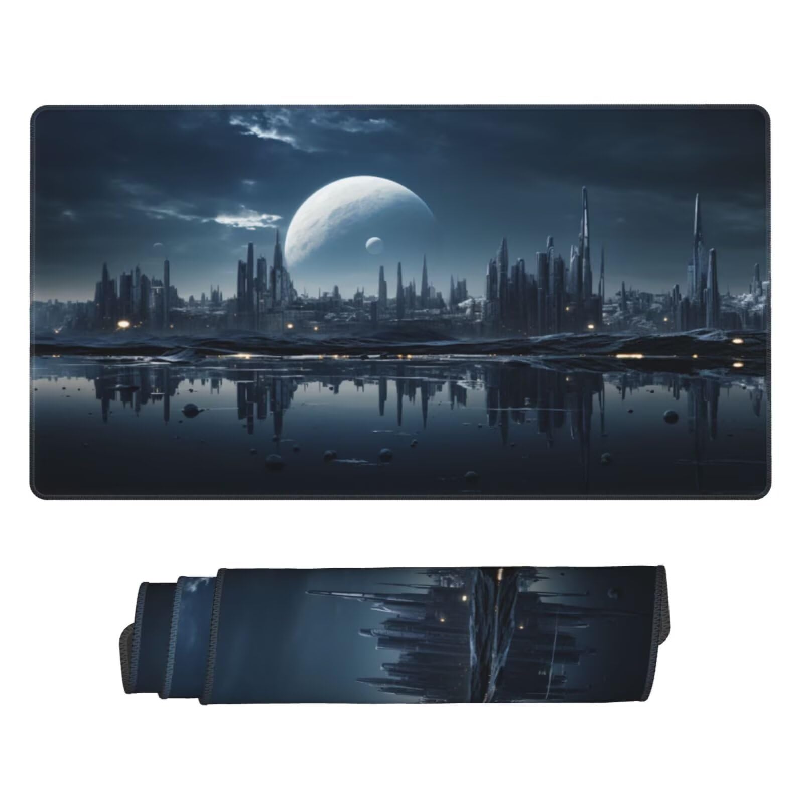 Alfombrilla de Ratón Gaming Grande XXL 1200x600x4mm con Bordes Cosidos Tela Micro Tejido, Base de Goma Antideslizante y Mouse Pad, para Teclado Jugadores Escritorio PC, Oficina Ciudad de la Luna Y6133