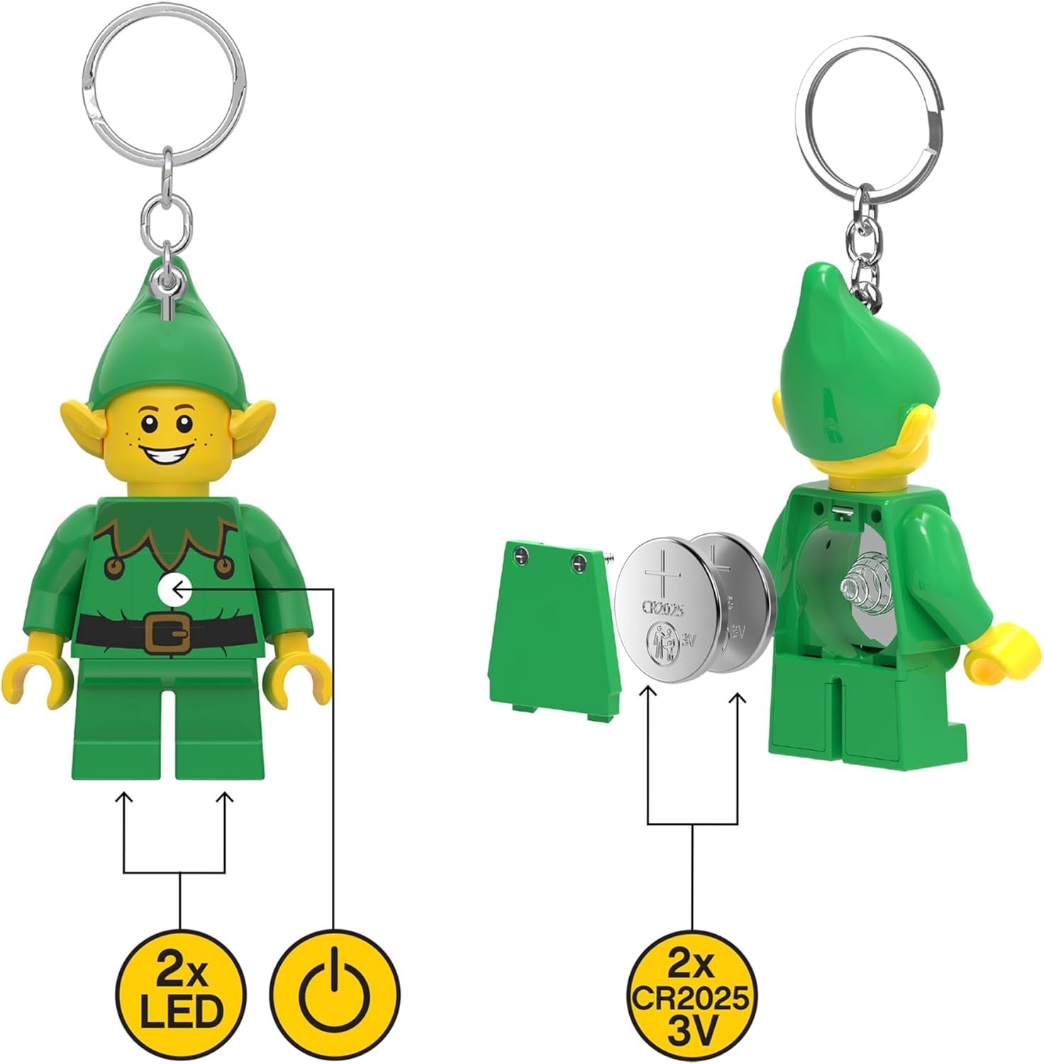 LEGO Minifigures Keychain Light - Holiday Elf (KE181H), Extra-Large Key Light for Backpacks, Keys & Lanyards – Portable Travel Light – CR2025 Batteries Included