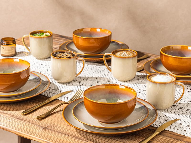 Image of LERATIO Ceramic Dinnerware Sets for 4,16-Piece Reactive Glaze Plates and Bowls Set with Mugs,Highly Chip and Crack Resistant | Dishwasher,Microwave & Oven Safe Dishes set-Kahki