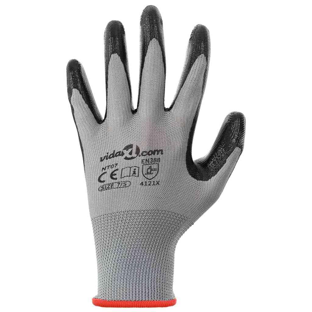 Guantes de trabajo 24 piezas gris negro talla 7 S de poliéster resistente con agarre antideslizante para jardín, construcción, taller y montaje, transpirables, resistentes al desgaste