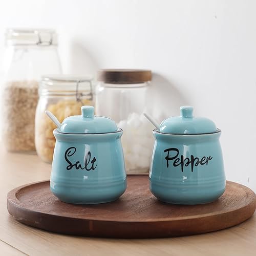 Miniatura 8 de HAOTOP Juego de cuencos de cerámica para sal y pimienta de granja de 12 onzas con tapa y cucharas, fáciles de limpiar (turquesa)