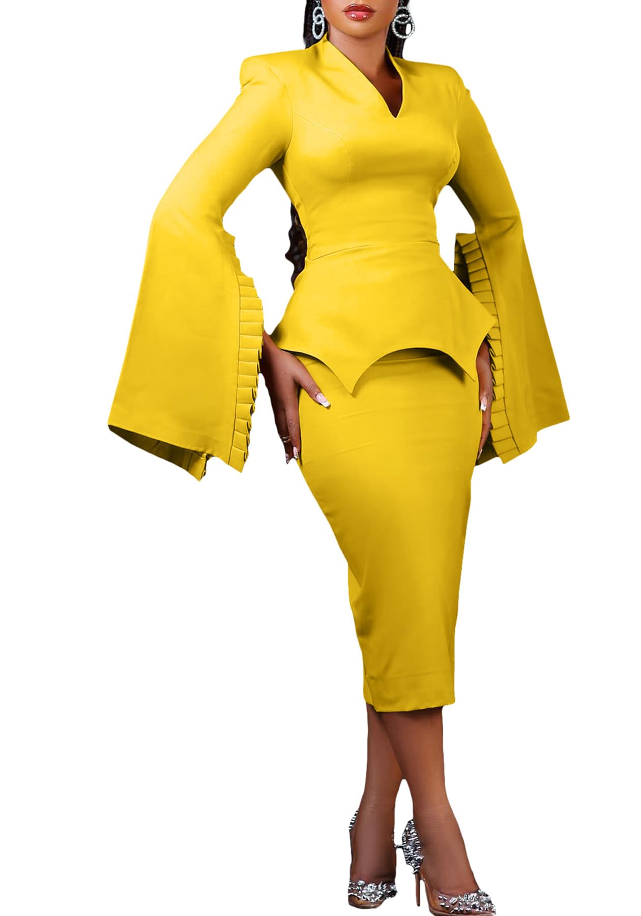 Voghtic Women Peplum Bodycon Pencil Dress Business Office Wear to Work Sheath Dress v Neck Ruffle Sleeve Church