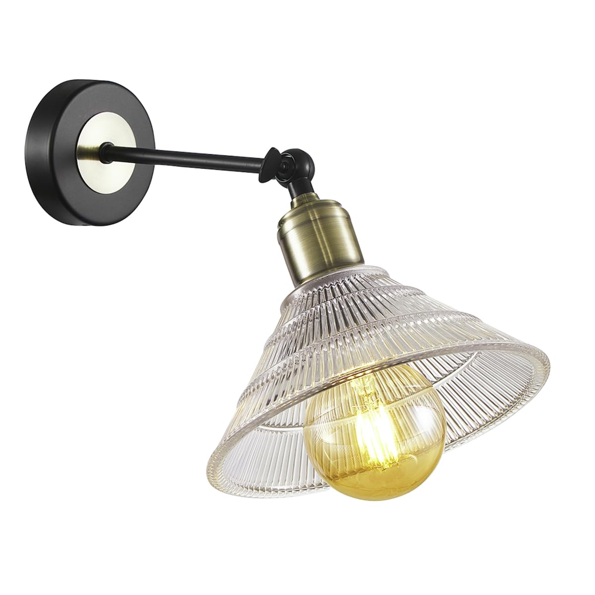 Happy Homewares Industrial Switched Wall Light - Antique Brass - Adjustable Cone Shade - E27 Bulb Fitting