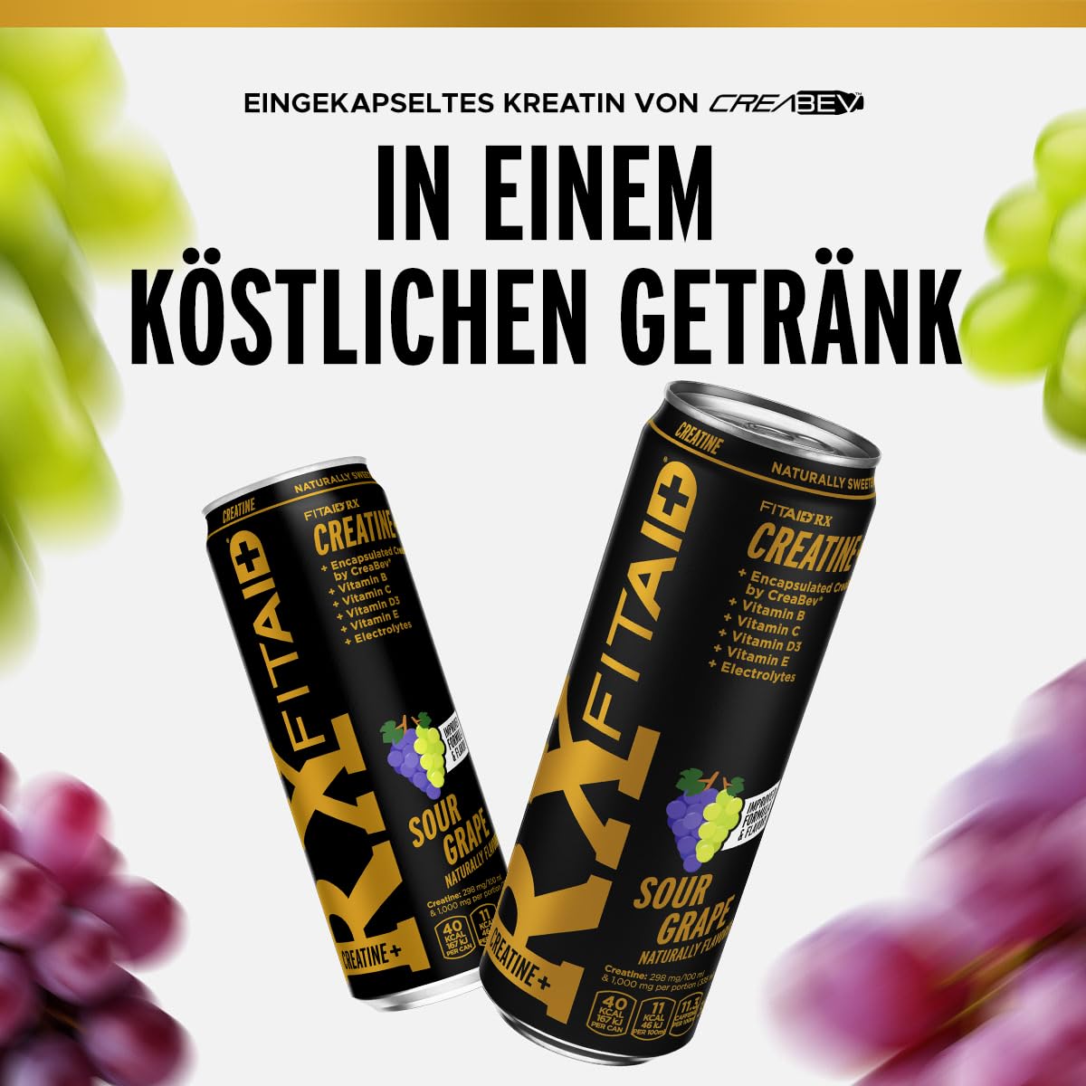 FITAID RX Sour Grape Clean Creatin Monohydrat Recovery Sport Drink 24x355ml | Regenerationsgetränk & Hydration Helper mit BCAA, Elektrolyten, Kurkuma, Vitaminen, CoQ10 und Stevia für Sport und Alltag