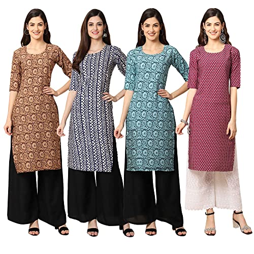 Image of Pinkmint Women's Crepe Digital Print Straight Kurta [Pack of 4] (CCV-334-338-339-335)