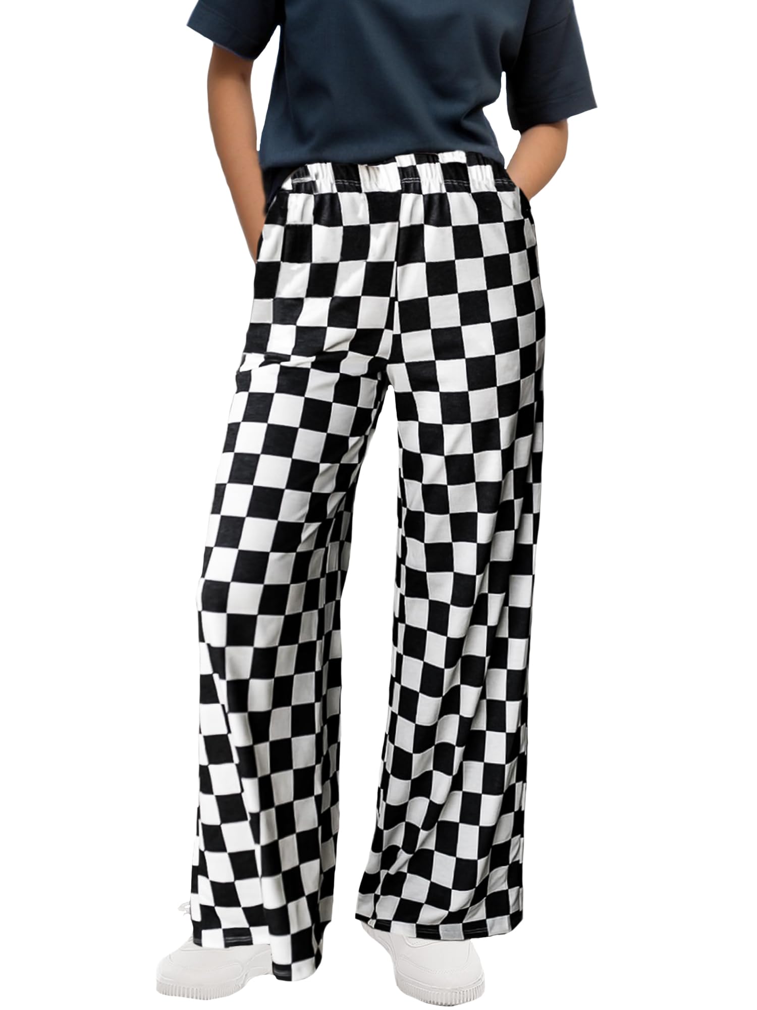 WSPLYSPJY Womens Casual Checkered Pants Elastic Waist Comfy Loose Wide Leg Pants with Pockets XS - XXL
