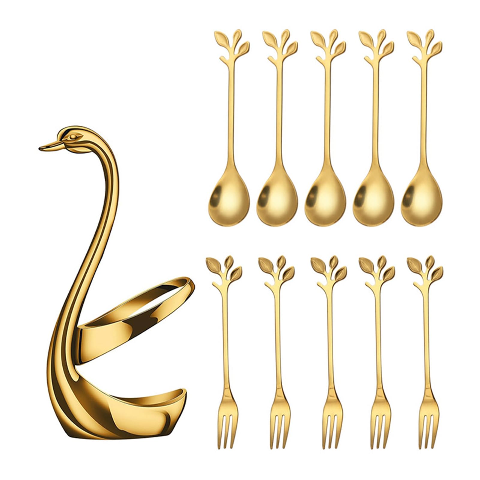 NVOQILIN 1 Set Stainless Steel Cake Spoon and Berries Fork Including Cygnet Shape Container Fork Holder for Kitchen Kitchen Cutlery