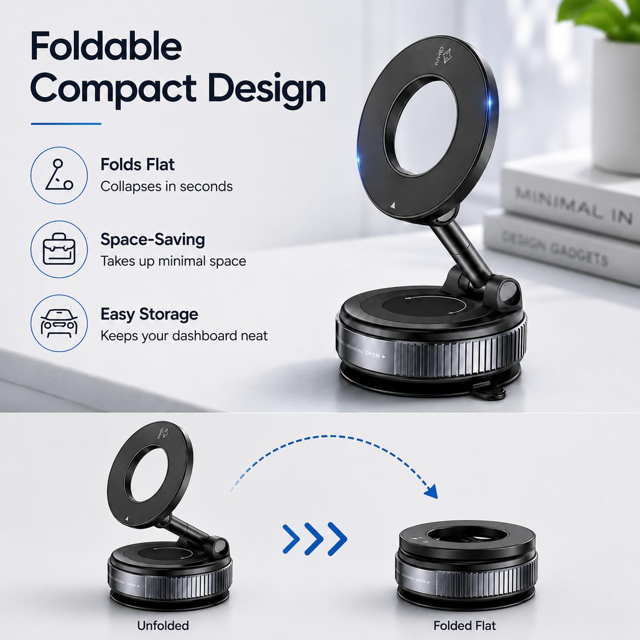 Soporte magnético para teléfono de coche, ventosa al vacío y almohadilla adhesiva, soporte 2 en 1, 24 imanes N52, rotación de 360°, soporte universal compatible con MagSafe para salpicadero