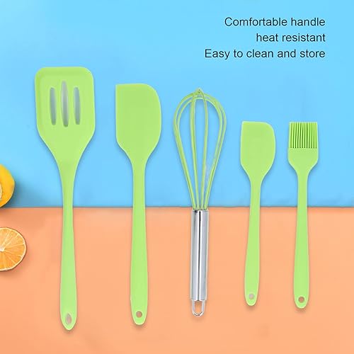Miniatura 5 de Juego de utensilios de cocina de silicona, 5 piezas, juego de utensilios de cocina de silicona, seguro y fácil de lavar, adecuado para cocina (verde)