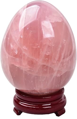AMOYSTONE Natural Rose Quartz Egg (Pink) Large Healing Crystal Stone for Reiki & Meditation - Easter Egg Gift with Wood Base