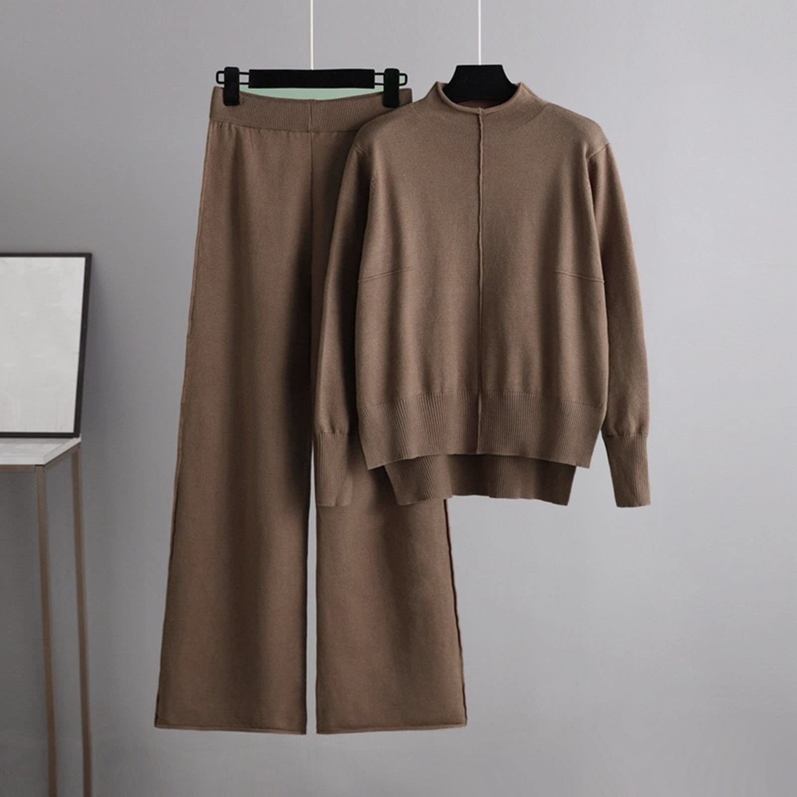 Conjunto de punto para mujer para otoño e invierno, traje de punto, cuello alto, jersey, pantalones largos, traje de esquí de dos piezas para mujer, Color caqui., Talla única