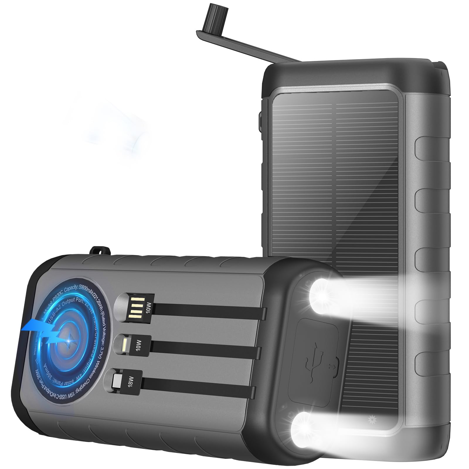 Solar Charger, 59800mAh Portable Power Bank for All Phones, Outdoor Waterproof Battery Pack Built in Hand Crank, 15W Wireless Charger 6 Outputs & 3 Inputs/LED Flashlights, Perfect for Camping Travel