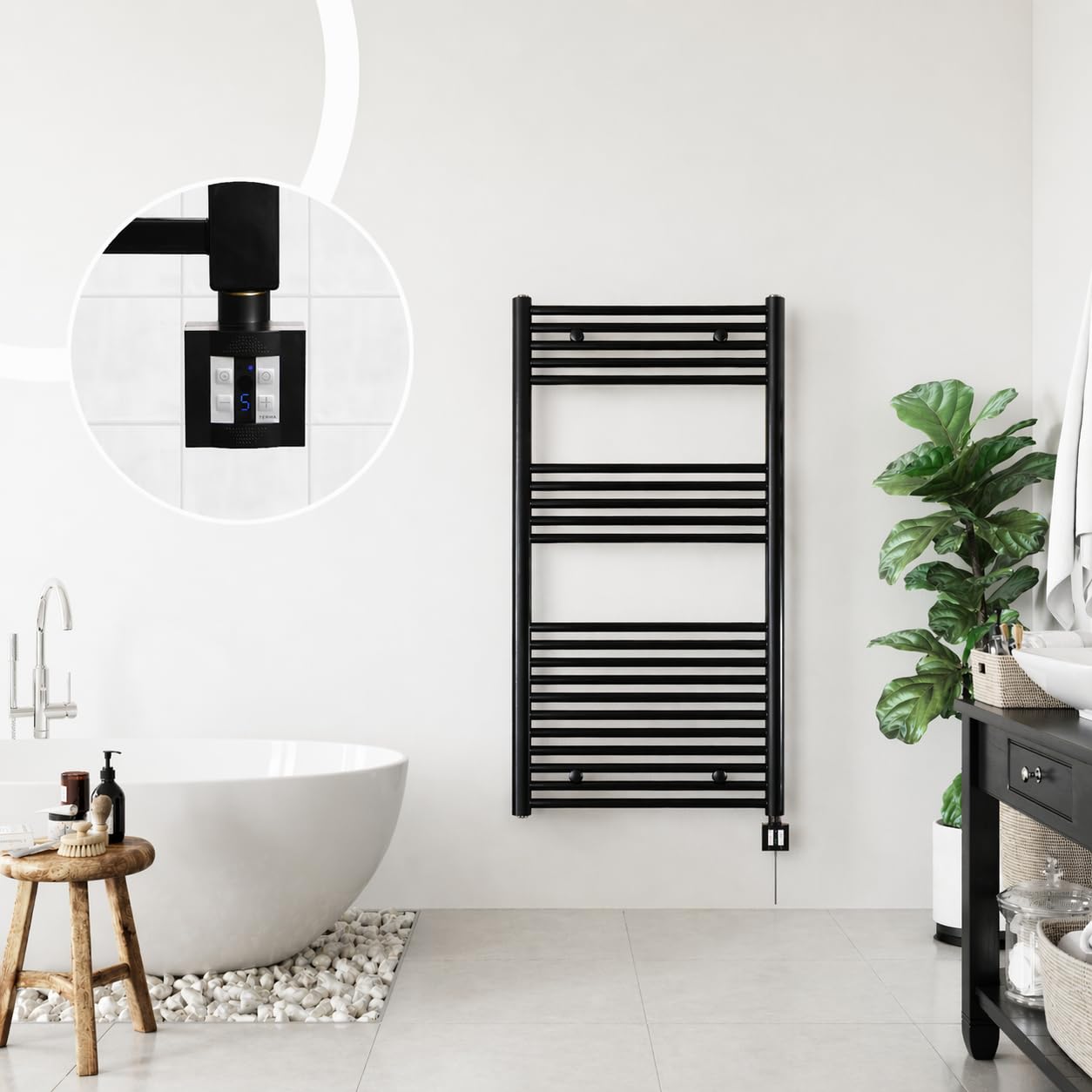 Radiador Toallero Eléctrico "Green "4 Timer,Negro, Eléctrico Radiador Toallero, Radiador Toallero Eléctrico, Secador de Toalla RAL9005 Mate - Negro, 1175h x 600b | Radiador de toallas con termostato y temporizador, 600 W, IPX5, fabricado en Alemania