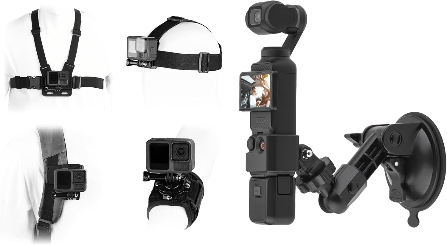 BRDRC Pocket 3 Suction Cup Mount & Go Pro Accessories Bundle, Car Windshield Holder with Head Chest Strap for GoPro Hero 9-13, for DJI Action 3-5, Insta 360 X3-X5