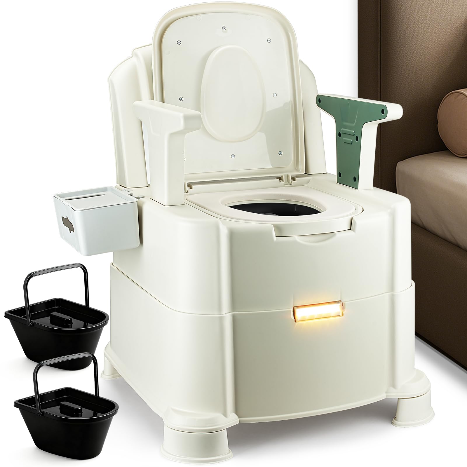 Bedside Commode, 500lbs Heavy Duty &amp; Upgraded Commode Toilet Potty Chair, Portable Camping Toilet, Detachable Armrests, Automatic LED Light, 2-Level Height, 3 Rolls of Commode Liners 【Green】