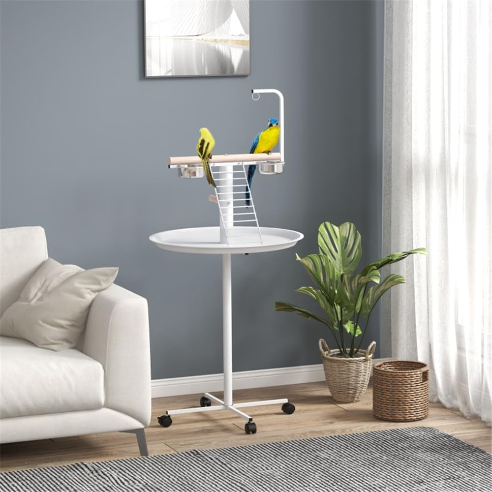 Bird Stand, Parrot Stand with Wheels, Perches, Stainless Steel Feed Bowls, Round Tray, Bird Play Stand for Indoor Outdoor, White
