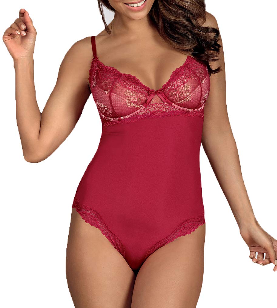 Obsessive. Frauen Dessous Teddy Body in Rot mit Schleife aus Stretch und floraler Spitze transparent erotisch elastisch