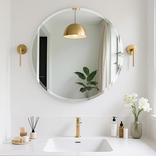 Miniatura 2 de FARMER Espejo redondo sin marco, espejo circular de 24 pulgadas con borde biselado de 1 pulgada, espejo de baño biselado para pared, tocador,