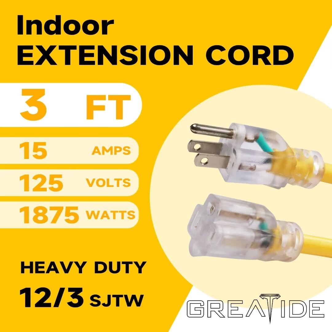 3 Ft Lighted Outdoor Extension Cord - 12/3 SJTW Heavy Duty Extension Cable with 3 Prong Grounded Plug - 15 Amp Power Cord for Lawn, Garden, Appliances