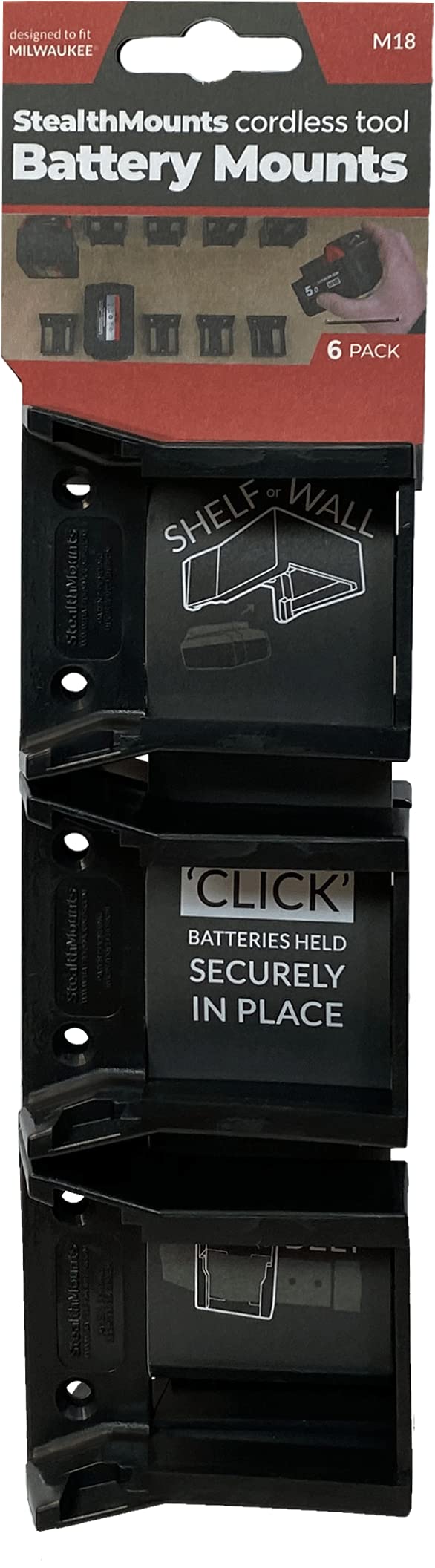 Stealthmounts Battery Mounts For Milwaukee M18 (Black) - 6 Pack Black 650327936553