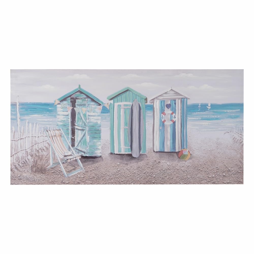 LOLAhome Cuadro Pintura Playa Beige y Azul Pintado a Mano sobre Lienzo de 120x60 cm