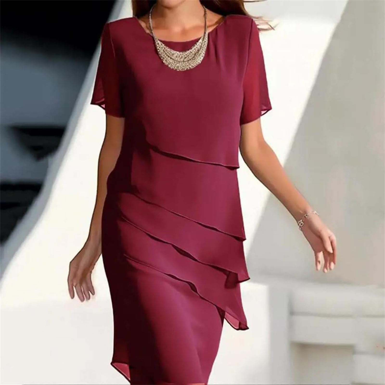 Chiffonkleid Damen Festlich Knielang Kleid Hochzeitsgast Damen Sommer Festliche Cocktailkleid Elegant Kleider Hochzeit Abendkleid Mit Ärmel Festkleid A Linie Chiffon Stufenkleid Frauen Schick